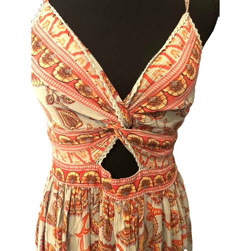 Boho Paisley Maxi Dress Women's Small Cutout Tie Front Festival Resort Sundress - Picture 2 of 5